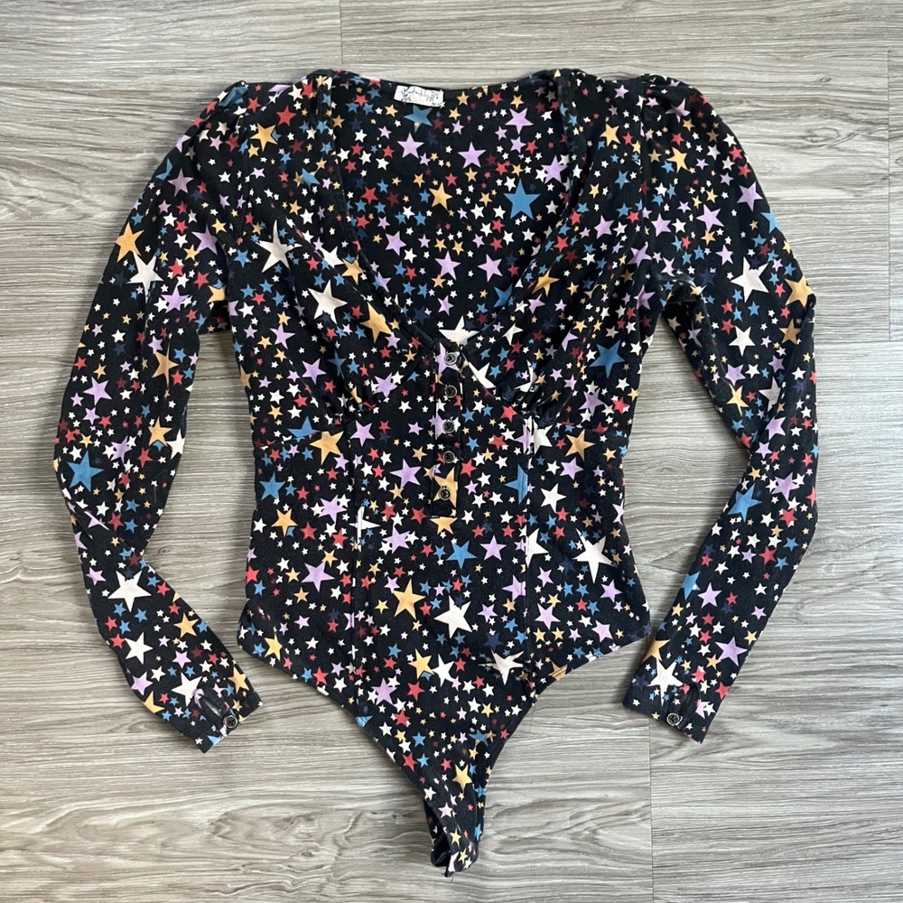 Intimately Free People Star Print Bodysuit Black Long Sleeve Button Front Small